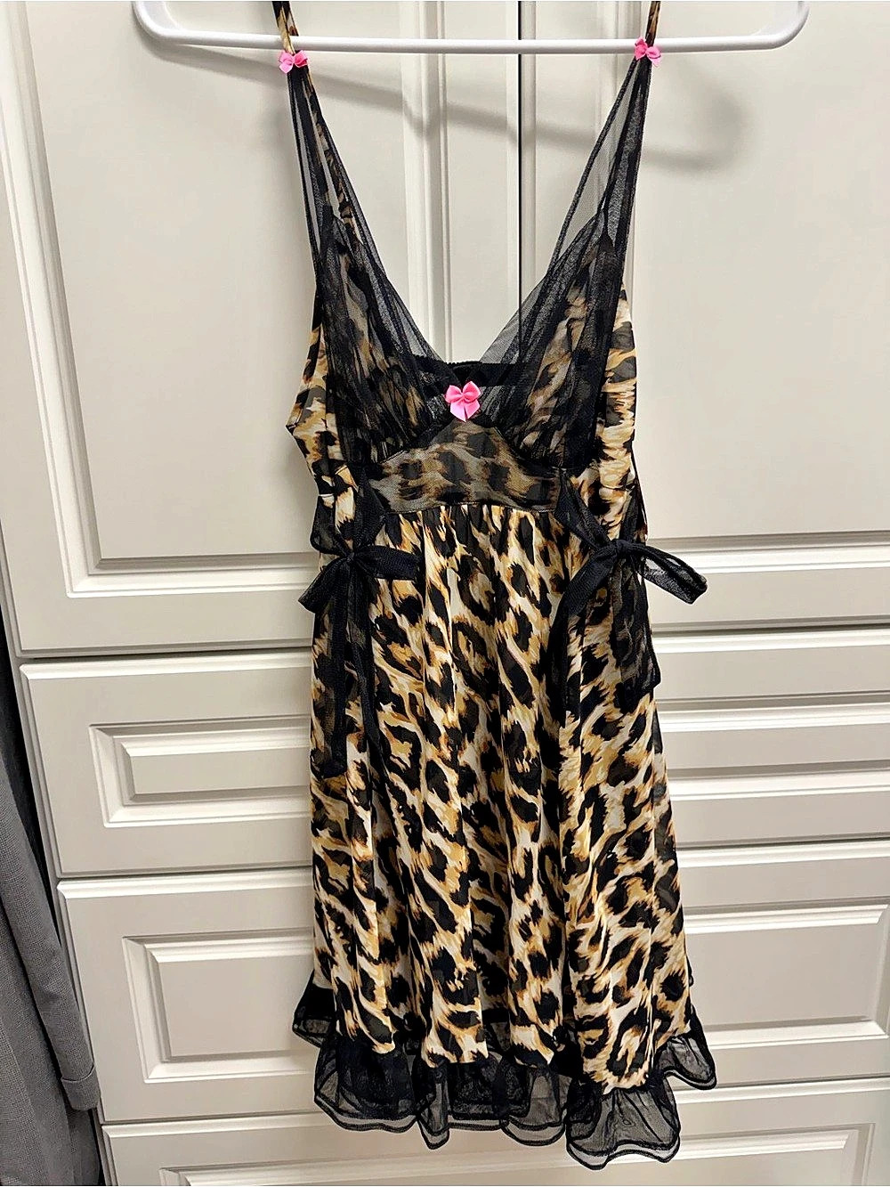 Betsey Johnson Sexy Babydoll Sheer Leopard Print Teddy, Small S w/thongs